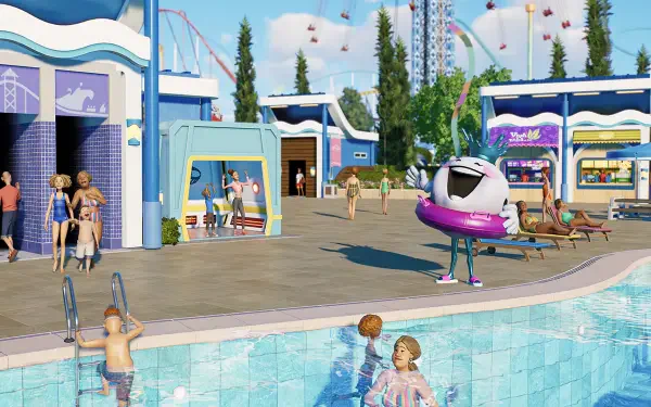 HD PC desktop wallpaper from the video game Planet Coaster 2, depicting a vibrant amusement park scene with visitors enjoying a pool and rides in the background.