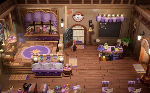 A colorful and whimsical interior of a bakery from the video game Magical Bakery, featuring charming décor, baking stations, and purple accents, set as HD wallpaper for PC desktops.