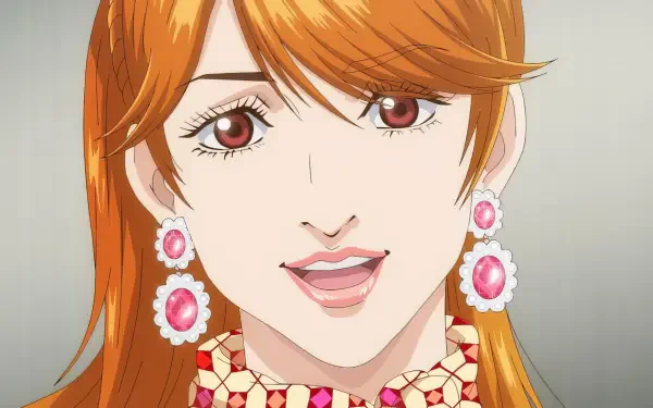 Anime-inspired character from Trillion Game, featuring vibrant orange hair and striking red eyes, adorned with elegant jewelry. A captivating HD PC desktop wallpaper.