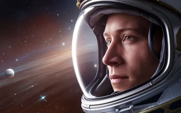 A close-up of an astronaut's face in a helmet, gazing into the vastness of space, surrounded by stars and planets, captured in stunning 4K Ultra HD quality.