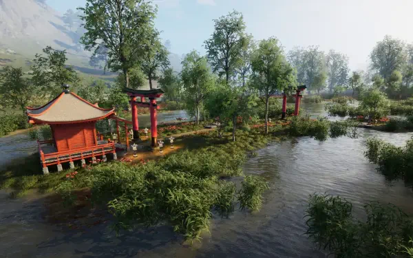 A serene landscape featuring a traditional Asian structure surrounded by lush greenery and water, captured as HD wallpaper for the video game Sengoku Dynasty.