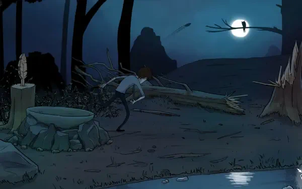 A dramatic scene from the video game Mindlock - The Apartment, featuring a character navigating a dark, moonlit forest with eerie surroundings, set as an HD desktop wallpaper.