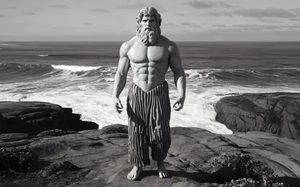 A muscular figure resembling a deity stands on rocky terrain by the sea, with rolling waves in the background, presented in a striking black-and-white 4K Ultra HD desktop wallpaper.