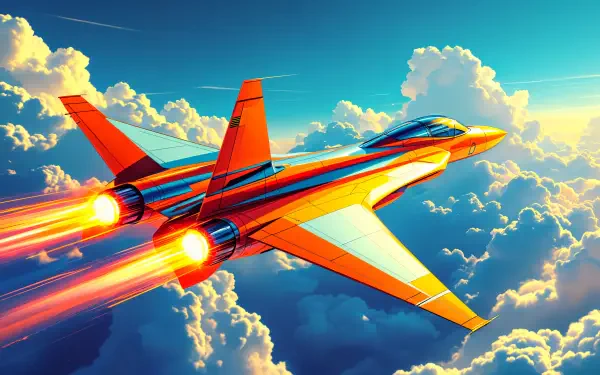 A vibrant jet fighter ascends through fluffy clouds, with its engines ablaze, set against a stunning blue sky. This 4K Ultra HD wallpaper brings dynamic energy to any desktop background.