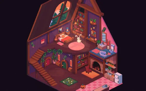 Isometric view of a cozy interior from the game Everholm, featuring a warmly lit room with a bed, bookshelves, and a kitchen area, set against a vibrant, artistic backdrop.
