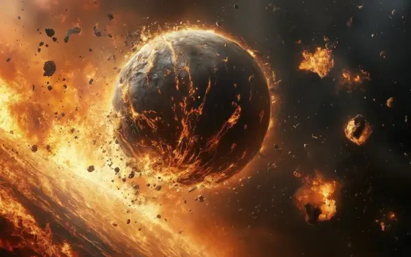 A striking HD wallpaper depicting a planet engulfed in flames and debris, symbolizing planet destruction amidst dynamic fiery elements in space.