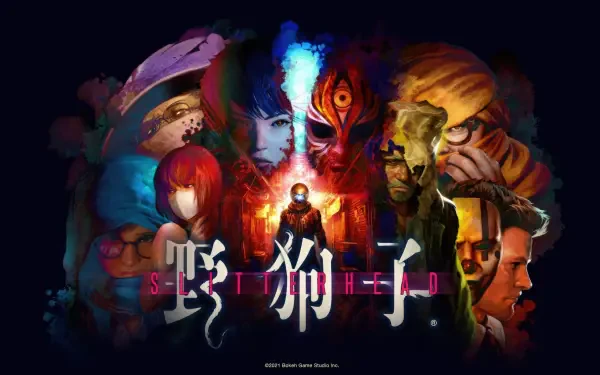 A vibrant HD wallpaper featuring characters from the video game Slitterhead, showcasing a mix of intense faces and surreal imagery against a dark background.