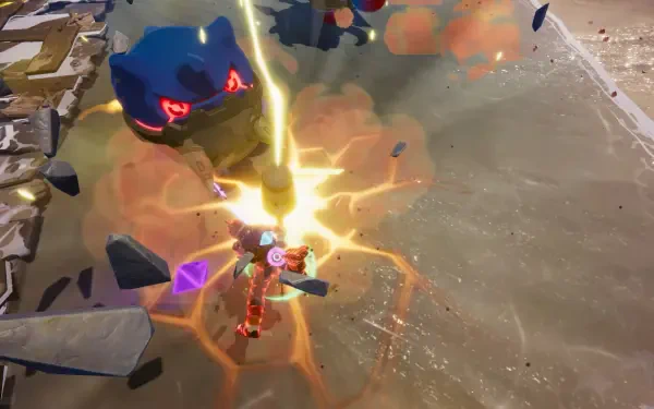An action-packed scene from the video game Atomic Picnic, featuring a character unleashing energy against a large, menacing enemy amidst debris and dramatic lighting. HD PC desktop wallpaper.
