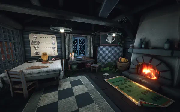 A cozy game-themed interior featuring a glowing fireplace and detailed furnishings, capturing the intriguing atmosphere of Is This Game Trying to Kill Me? in HD.