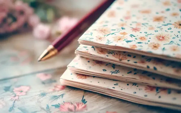 Cute stationery featuring floral designs, stacked with a gold-tipped pen beside them. This image serves as a vibrant 4K Ultra HD desktop wallpaper and background.
