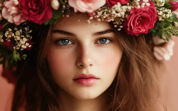 A serene woman gazes directly at the viewer, adorned with a vibrant flower crown of roses and greenery, creating a captivating focal point in this 4K Ultra HD desktop wallpaper.