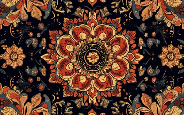 A vibrant boho pattern featuring intricate floral designs in warm tones on a dark background, designed as a 4K Ultra HD PC desktop wallpaper and background.