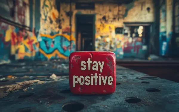 A vibrant red block with the quote stay positive sits on a textured surface, contrasting against a graffiti-covered background in an abandoned space, creating an inspiring desktop wallpaper.