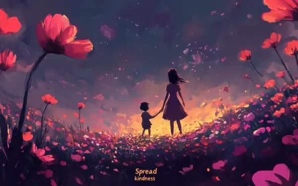 Two figures stand in a vibrant flower garden, holding hands as they gaze at a glowing sunset. Text reads Spread kindness, creating a warm and inviting atmosphere.