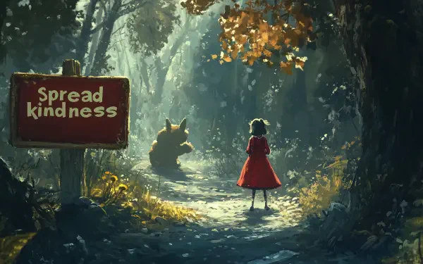 A whimsical HD desktop wallpaper featuring a young girl in a red dress standing before a sign that encourages kindness, set in a serene, sunlit forest.
