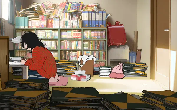 HD PC desktop wallpaper from the anime movie Look Back, featuring Kyomoto sitting and drawing in a room filled with books and art supplies.