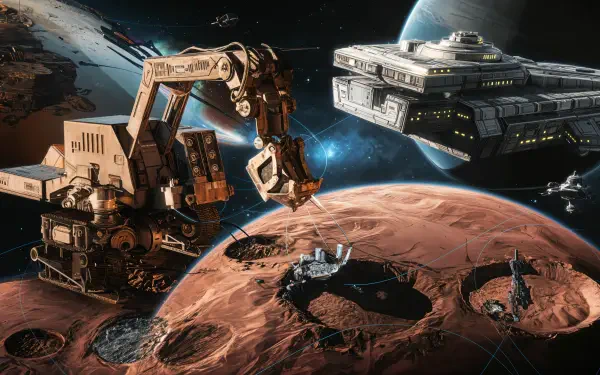 A stunning 4K Ultra HD wallpaper depicting a futuristic space mining scene, featuring a robotic arm extracting resources on a planetary surface with a spaceship in the background.