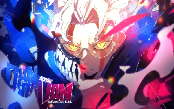 HD PC desktop wallpaper featuring a vibrant anime character from Dandadan with intense yellow eyes and dynamic blue and red lighting effects.