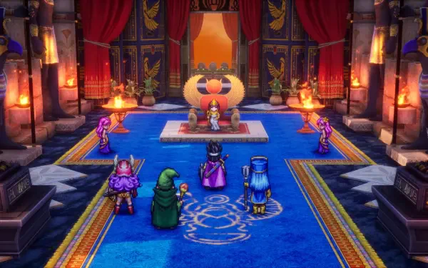 A vibrant scene from DRAGON QUEST III HD-2D Remake, featuring characters gathered in a grand throne room, showcasing detailed graphics suited for a stunning HD PC desktop wallpaper.