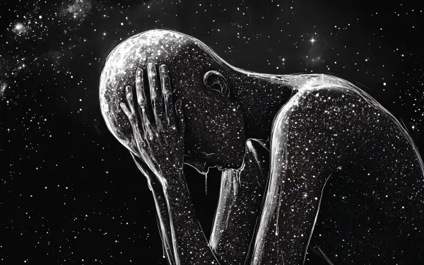 A sorrowful, artistic depiction of a human figure crying, adorned with a cosmic pattern, set against a dark, star-filled background. Perfect for a 4K Ultra HD desktop wallpaper.