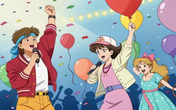 Vibrant 4K Ultra HD animated celebration scene with balloons, confetti, and three characters joyfully singing at a lively party.