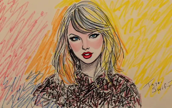 A vibrant 4K Ultra HD desktop wallpaper featuring an artistic illustration of Taylor Swift, showcasing her signature look with a colorful background.