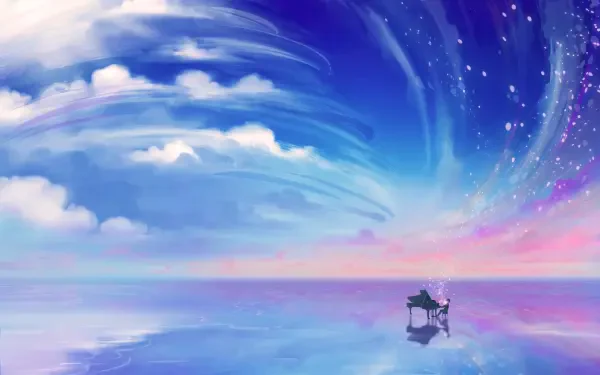 A serene 4K Ultra HD wallpaper featuring a piano set against a stunning sky with swirling clouds and vibrant colors, inspired by the anime Your Lie in April.