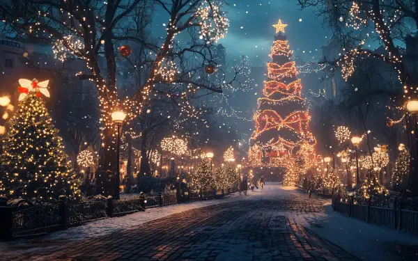 Aesthetic Christmas scene featuring a beautifully lit tree and festive decorations lining a snow-covered street, captured in vibrant 4K Ultra HD for a stunning desktop wallpaper.