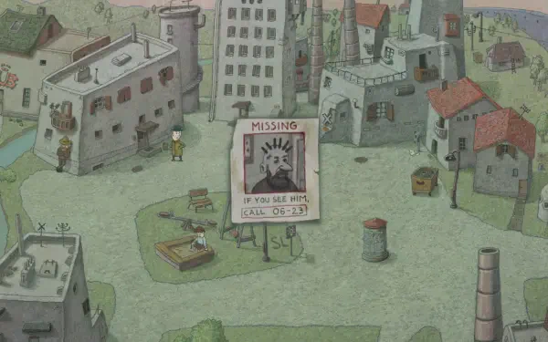 A whimsical HD PC desktop wallpaper depicting a quirky urban landscape, featuring buildings and a missing person poster, capturing the essence of a unique video game world.