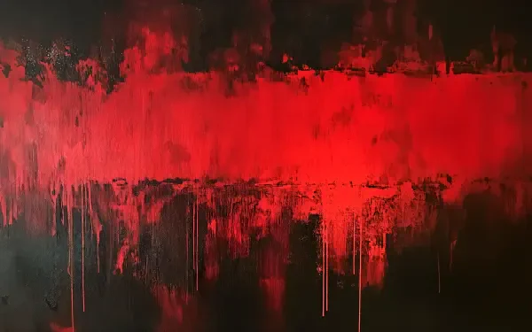 A striking 4K Ultra HD PC desktop wallpaper featuring bold red and black contrasts, showcasing a dramatic abstract design with textured splashes and drips.