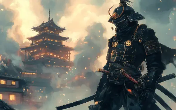 A detailed anime samurai stands heroically against a backdrop of a burning castle, infused with dramatic clouds, creating a striking 4K Ultra HD desktop wallpaper.
