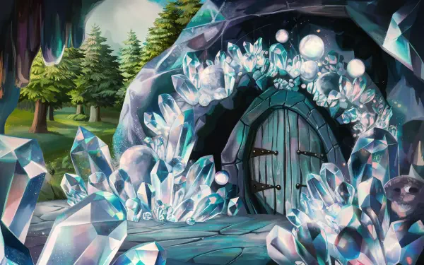 4K Ultra HD wallpaper of a mystical crystal cave entrance surrounded by glowing crystals and a forest backdrop with a wooden door set into the rocky cave wall.