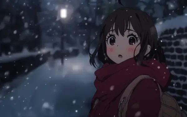 A winter-themed anime girl stands in a snowy landscape, wearing a cozy red scarf. Soft snowflakes fall around her, creating a serene atmosphere in this 4K Ultra HD wallpaper.