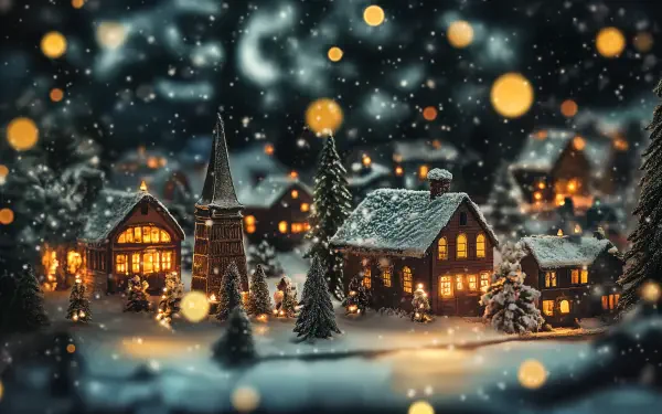 A charming Christmas town scene features cozy, illuminated houses surrounded by snow-covered trees, creating a festive atmosphere that's perfect for a 4K Ultra HD desktop wallpaper.