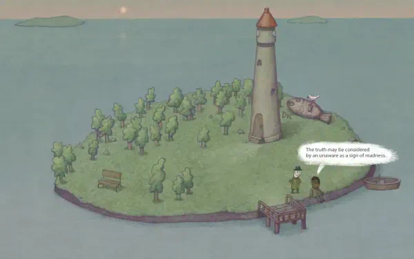 A whimsical HD PC desktop wallpaper featuring an island with a lighthouse, surrounded by tranquil water, showcasing characters engaged in conversation about their surroundings.
