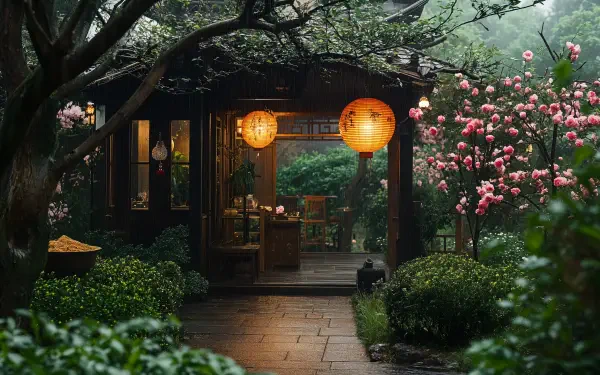 A tranquil tea house nestled in a lush garden, adorned with blooming flowers and glowing lanterns, captured in stunning 4K Ultra HD for a serene desktop wallpaper.