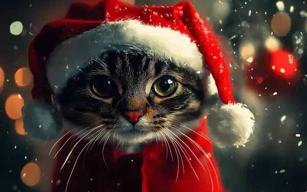 A festive cat wearing a Santa hat, set against a backdrop of holiday lights and snow, captured in vibrant 4K Ultra HD resolution for a delightful Christmas wallpaper.