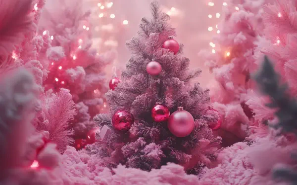 A pink-themed Christmas scene features a frosted tree adorned with shiny pink ornaments, surrounded by soft snow and illuminated by warm lights, perfect as a 4K Ultra HD desktop wallpaper.