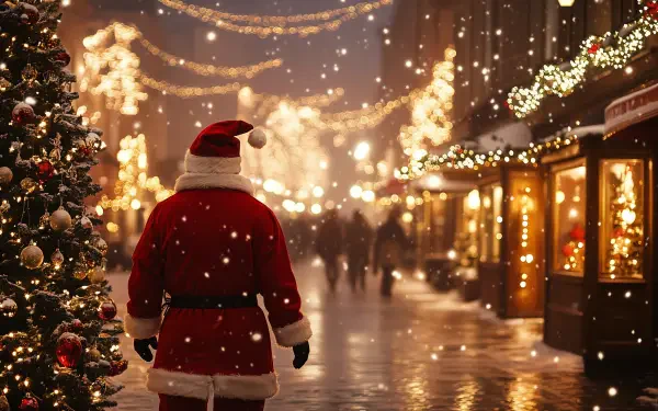 Aesthetic Christmas scene featuring a man in a Santa suit standing in a beautifully decorated street, illuminated by festive lights and gently falling snow, and captured in 4K Ultra HD.