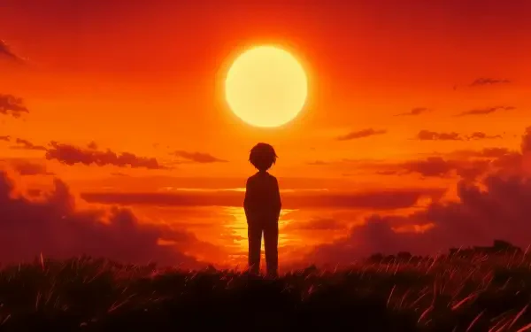 A serene anime scene featuring a silhouetted figure against a vibrant sunset, with hues of orange and red illuminating the horizon. 4K Ultra HD desktop wallpaper.