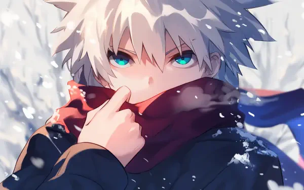 A young anime character with striking blue eyes and spiky hair stands in a snowy landscape, wearing a warm scarf. This 4K Ultra HD wallpaper captures a winter anime atmosphere.