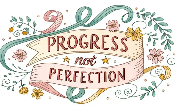 A colorful illustration featuring the phrase Progress Not Perfection on a decorative banner, surrounded by flowers and swirls, designed as a 4K Ultra HD desktop wallpaper.