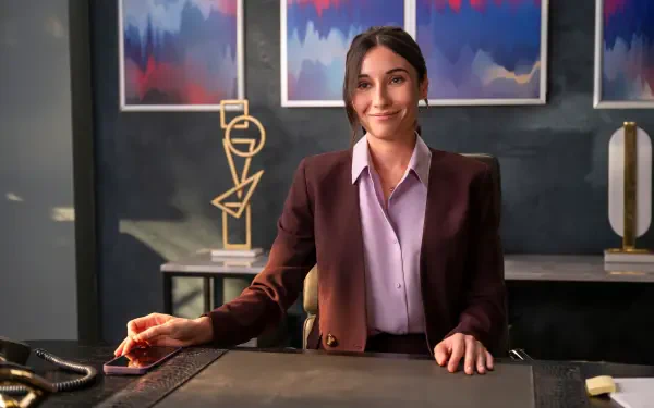 A confident woman sits at a desk in an office, smiling as she engages with her surroundings. The backdrop features abstract art, representing the TV show A Man on the Inside.