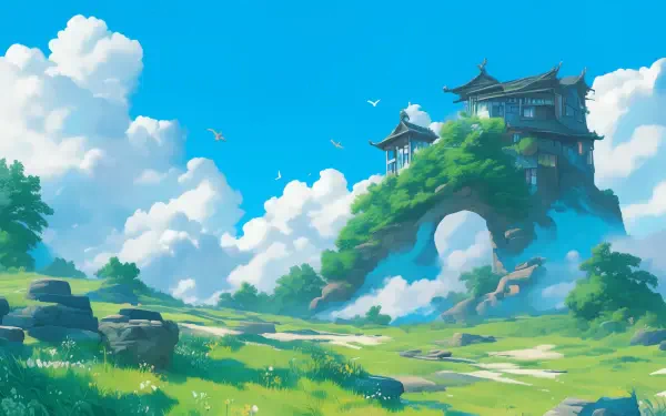 A vibrant anime landscape featuring a majestic building atop a green arch, set against a clear blue sky and fluffy clouds, inspired by the enchanting style of Studio Ghibli.