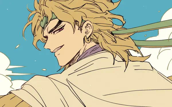 Anime-inspired HD wallpaper featuring Dio Brando from Jojo's Bizarre Adventure, showcasing his iconic hairstyle and confident expression against a blue sky.