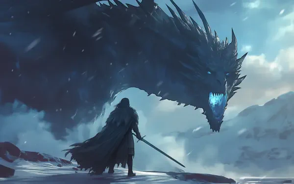 A dramatic scene from Game of Thrones, featuring a lone figure facing a massive, blue anime-style dragon against a snowy backdrop, perfect for a high-definition desktop wallpaper.