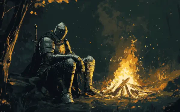 A warrior in armor sits by a glowing bonfire, surrounded by a dark, enchanting forest, capturing the essence of Dark Souls in this HD PC desktop wallpaper.
