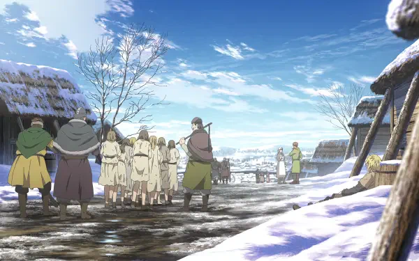 A stunning 4K Ultra HD wallpaper from Vinland Saga, depicting a snowy village scene with characters gathered under a bright sky, capturing the essence of the anime's rich storytelling.