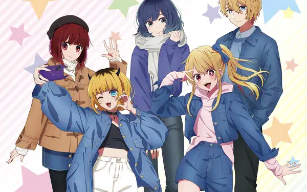 Anime-style 4K Ultra HD wallpaper featuring five vibrant characters from Oshi no Ko posing energetically against a pastel star-themed background.