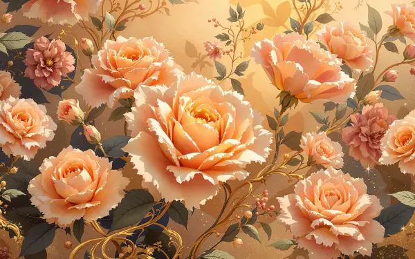 A beautifully detailed 4K Ultra HD wallpaper featuring soft, peach roses surrounded by delicate foliage and subtle floral accents, creating an elegant and serene background.